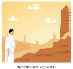 Los musulmanes realizan el peregrinaje Hajj. Hombre musulmán rezando en las montañas de Jabal Rahmah. Concepto de peregrinación islámica Hajj. Ilustración vectorial plana.