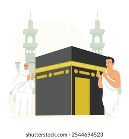 Los musulmanes realizan el peregrinaje Hajj. Una pareja musulmana rezando frente a la Kaaba. Concepto de peregrinación islámica Hajj. Ilustración vectorial plana.