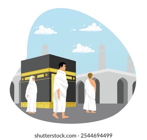 Los musulmanes realizan el peregrinaje Hajj. Los peregrinos del Hajj rezan frente a la Kaaba. Concepto de peregrinación islámica Hajj. Ilustración vectorial plana.