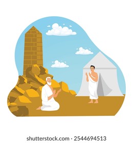 Los musulmanes realizan el peregrinaje Hajj. Los peregrinos del Hayy rezan y permanecen en silencio en el campo de Arafat. Concepto de peregrinación islámica Hajj. Ilustración vectorial plana.