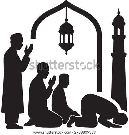 Muslims performing salat in a mosque courtyard during evening prayers
