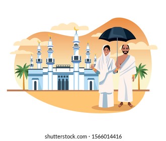 muslims persons in hajj mabrur travel celebration vector illustration design