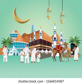 muslims persons in hajj mabrur travel celebration vector illustration design