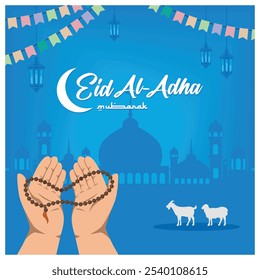 Muslims pray on the eve of Eid al-Adha. Muslims sacrifice sheep on the Eid al-Adha holiday. Eid Al Adha concept. Flat vector illustration.