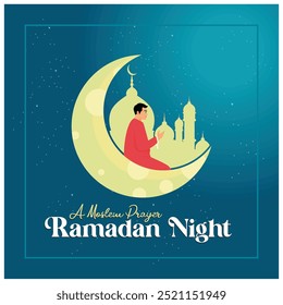 Muslims pray on the eve of Ramadan. Mosque and crescent moon for Ramadan celebration. Ramadan concept. Flat vector illustration.