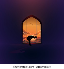 Muslims pray at sunset in a bowing position.sunnah art for da'wah