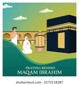 Muslims praying at Maqam Ibrahim near the Kaaba, an Islamic holy site in Mecca, symbolizing faith and devotion during the beautiful atmosphere of Hajj or Umrah. Flat vector modern illustration