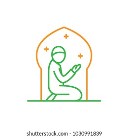 Muslims praying at the night in mosque. Simple monoline icon style for muslim ramadan and eid al fitr celebration.