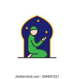 Muslims praying at the night in mosque. Simple monoline icon style for muslim ramadan and eid al fitr celebration.