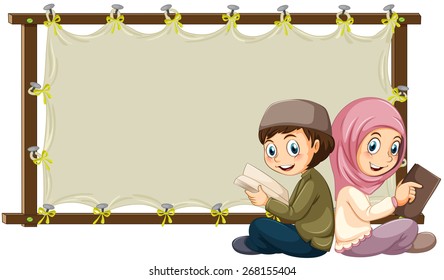 Muslims reading books and blank banner