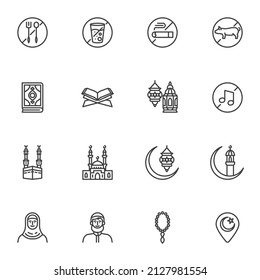 Muslims religion line icons set, outline vector symbol collection, linear style pictogram pack. Signs, logo illustration. Set includes icons as holy mosque, quran book, rosary beads, woman and man