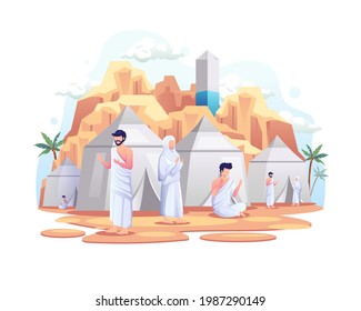 Muslims resting in tents on Islamic hajj pilgrimage. Flat vector illustration