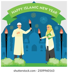 Muslims welcome the month of Muharram. Muslim people carry torches to celebrate Islamic New Year's Eve. Happy New Hijri Year concept. Flat vector illustration.