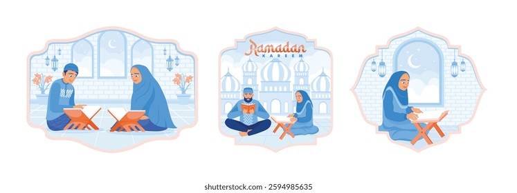 Muslims welcomes the holy month of Ramadan.Reading the Koran. Muslim activities at night Ramadhan. Ramadan Kareem concept. Set flat vector illustration.