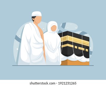 Muslims who are on the pilgrimage in Mecca and The Ka'bah background, template design vector illustration