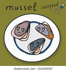 Mussel. Cartoon. Fresh mussels for the dish. Seafood for the restaurant. For menu design