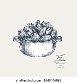 Mussel Casserole engraved illustration. Seafood design. Vector illustration