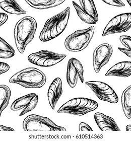 Mussel hand drawn vector seamless pattern. Engraved style vintage seafood. Oyster background. Great for Fish and sea food restaurant menu, flyer, card, business promote.