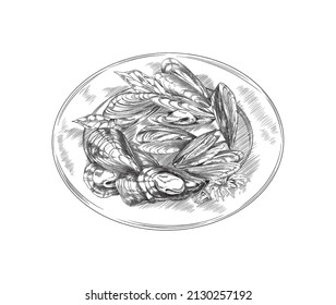 Mussel on plate, delicious seafood dish in monochrome sketch style - vector illustration isolated on white background. Hand drawn mediterranean seafood, great for restaurant menu design.