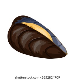 Mussel opened clam farmed for food. Hand drawn stylized vector seafood illustration isolated on white background. Mussel shell with edible delicious mollusk for print, sticker, menu