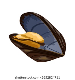 Mussel opened clam farmed for food. Hand drawn stylized vector seafood illustration isolated on white background. Mussel shell with edible delicious mollusk for print, sticker, menu