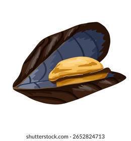 Mussel opened clam farmed for food. Hand drawn stylized vector seafood illustration isolated on white background. Mussel shell with edible delicious mollusk for print, sticker, menu