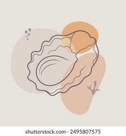 Mussel or oyster in a shell on blobs background. Delicious seafood, element of ornament, menu decoration. Shellfish delicacy silhouette in minimalist style. Fish market, poster design template.