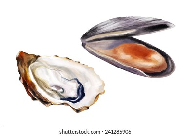 Mussel and oyster. Vector illustration.