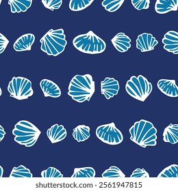 Mussel seamless repeat pattern. Horizontal lined, hand drawn sea shell aop all over surface print on blue background.