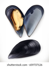 Mussels. 3d vector icon. Seafood, realism style