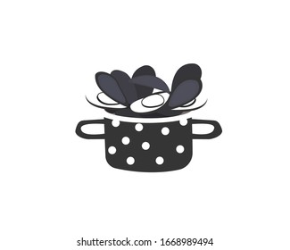 Mussels in black pan. French seafood, tasty seasonal food. Element on white background for menu, signboard, restaurant.