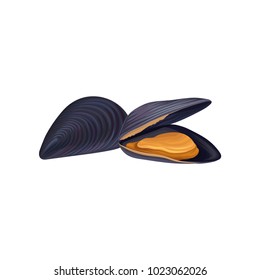 Mussels in black shell. Seafood concept. Fresh and organic product. Design for restaurant menu, promotional poster or banner. Vector icon in flat style isolated on white background.