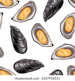 Mussels in black shell seamless pattern. Seafood background. Vector cartoon illustration.