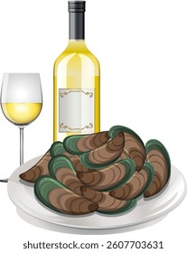 Mussels with a bottle and glass of wine