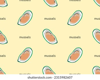 Mussels cartoon character seamless pattern on yellow background