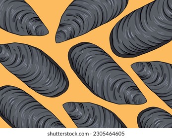 Mussels clam sea food pattern vector illustration isolated on horizontal orange colored wallpaper template. Simple flat art styled drawing.