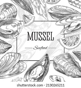 Mussels decorative square frame or border hand drawn engraving vector illustration isolated on white background. Poster or menu cover for seafood restaurant.