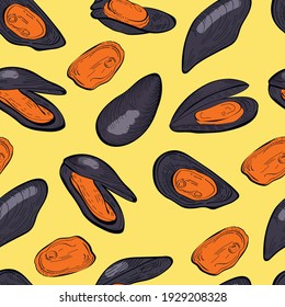 mussels food, hand drawn vector seamless pattern isolated on yellow background. Concept for logo, menu, cards print , wallpaper