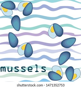 Mussels fresh seafood. Vector background. Food and restaurant design.