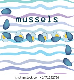 Mussels fresh seafood. Vector background. Food and restaurant design.
