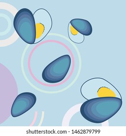Mussels fresh seafood. Vector backgroung. Food and restaurant design.