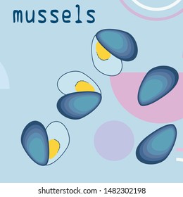 Mussels fresh seafood. Vector backgroung. Food and restaurant design.