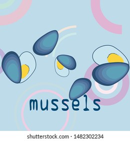 Mussels fresh seafood. Vector backgroung. Food and restaurant design.