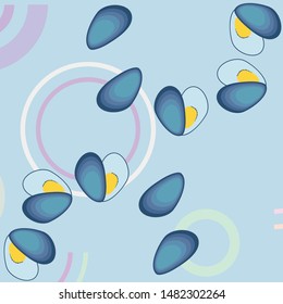 Mussels fresh seafood. Vector backgroung. Food and restaurant design.