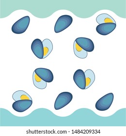 Mussels fresh seafood. Vector backgroung. Food and restaurant design.