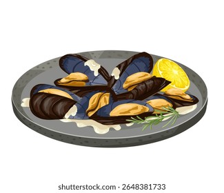 Mexilhões em molho de manteiga de alho servido com cunha de limão. Ilustração vetorial desenhada à mão de um prato tradicional de frutos do mar. Perfeito para cartões de receita, embalagem de alimentos e menu de restaurante
