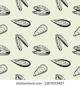 Mussels. Hand drawn seamless pattern with shell, seafood.Repeating background.Design element. For packaging, textiles, printing. Vector art illustration