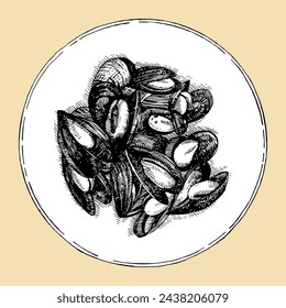 Mussels hand drawn sketch, vector illustration 