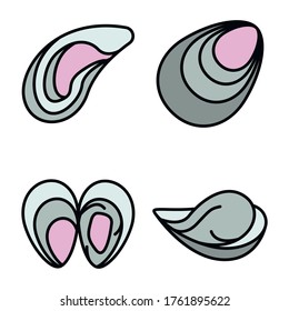 Mussels icons set. Outline set of mussels vector icons thin line color flat on white