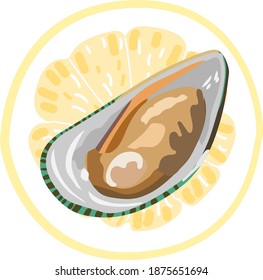 Mussels with lemon and herbs and spinach, Set of Seafood with herbs and frontline illustration isolated on white background